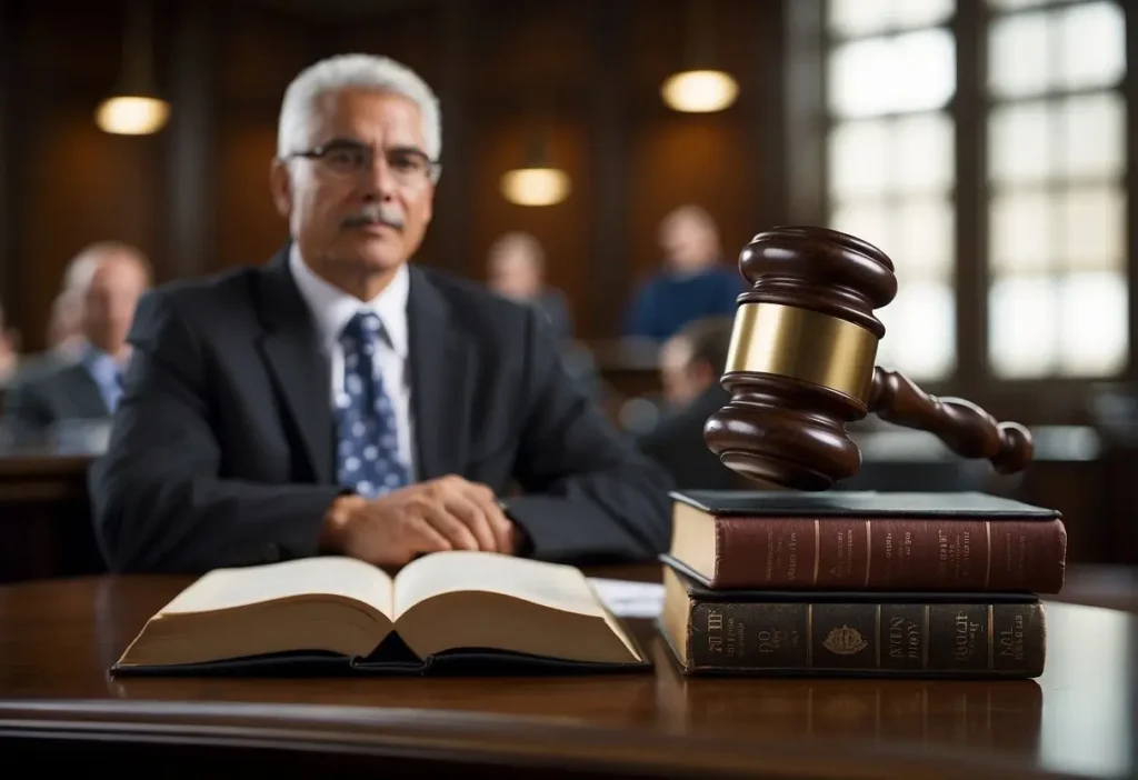 law books and a lawyer in courtroom