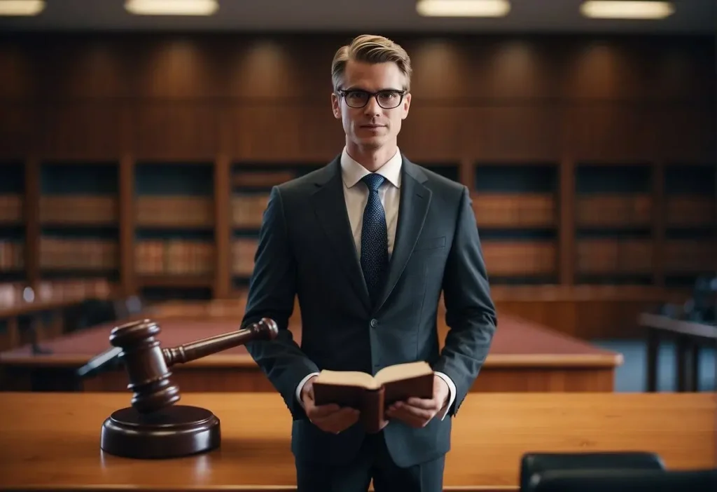 lawyer in a suit with law book in his hands
