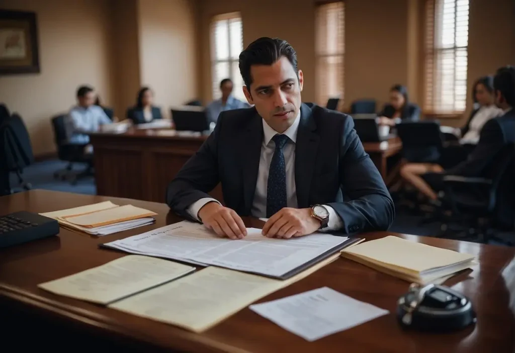 lawyer in big office doing paper work
