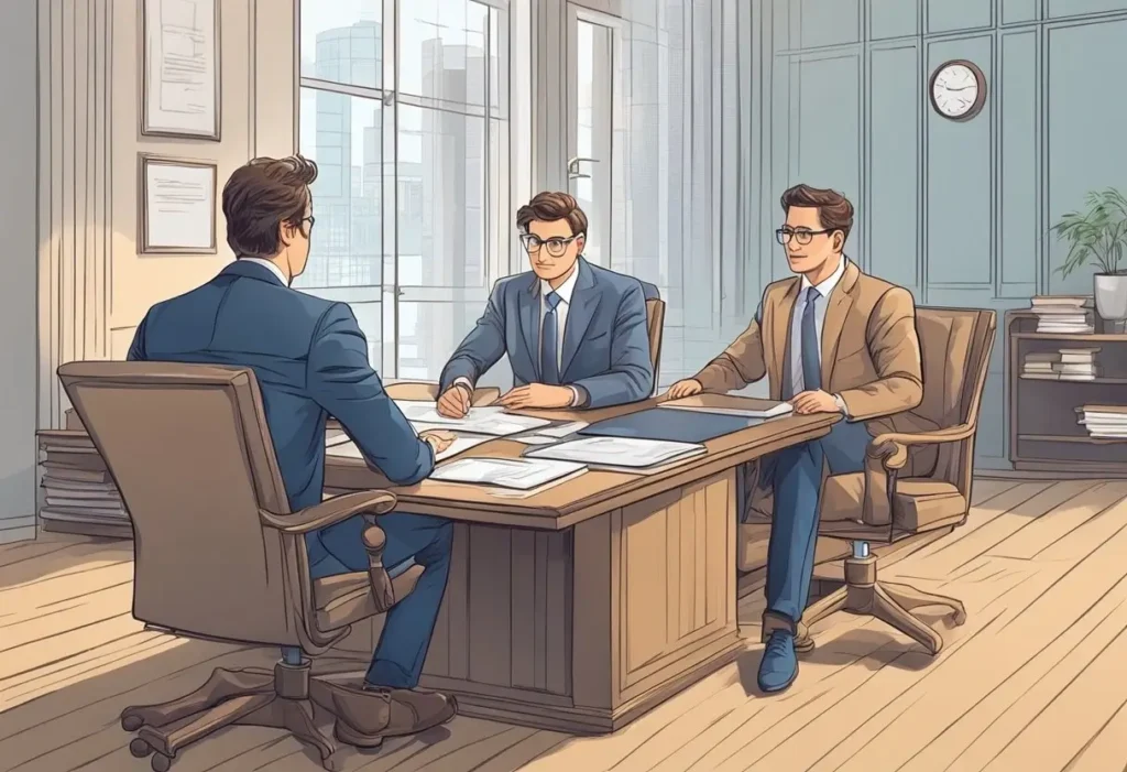 lawyer in office with clients