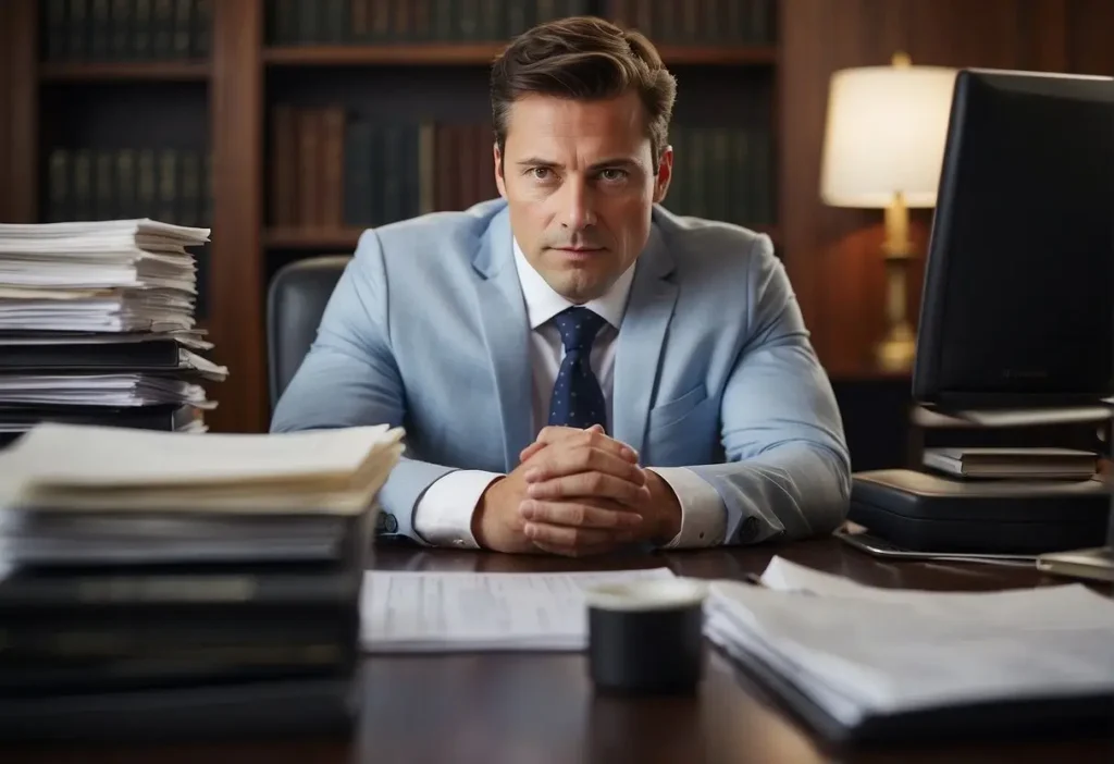 lawyer thinking about client case in his office