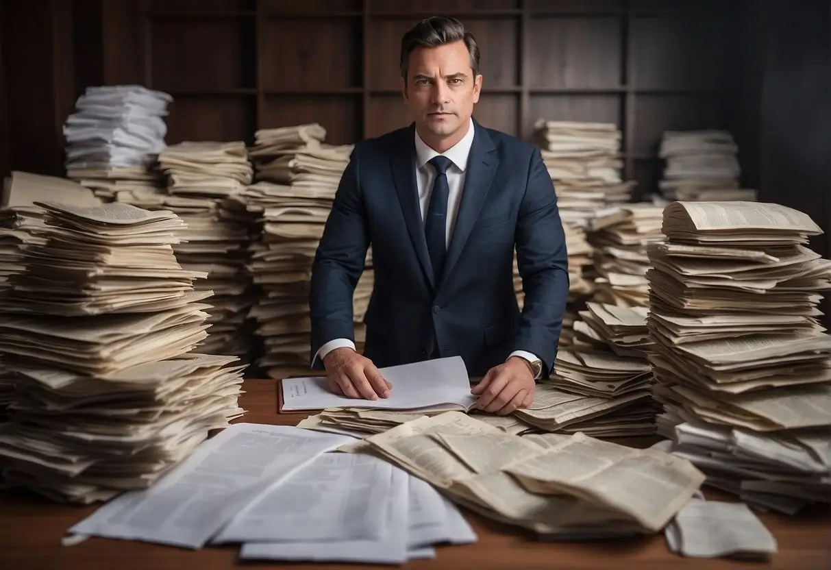 A defective product lawyer stands in front of a pile of defective products, pointing to a legal document with determination
