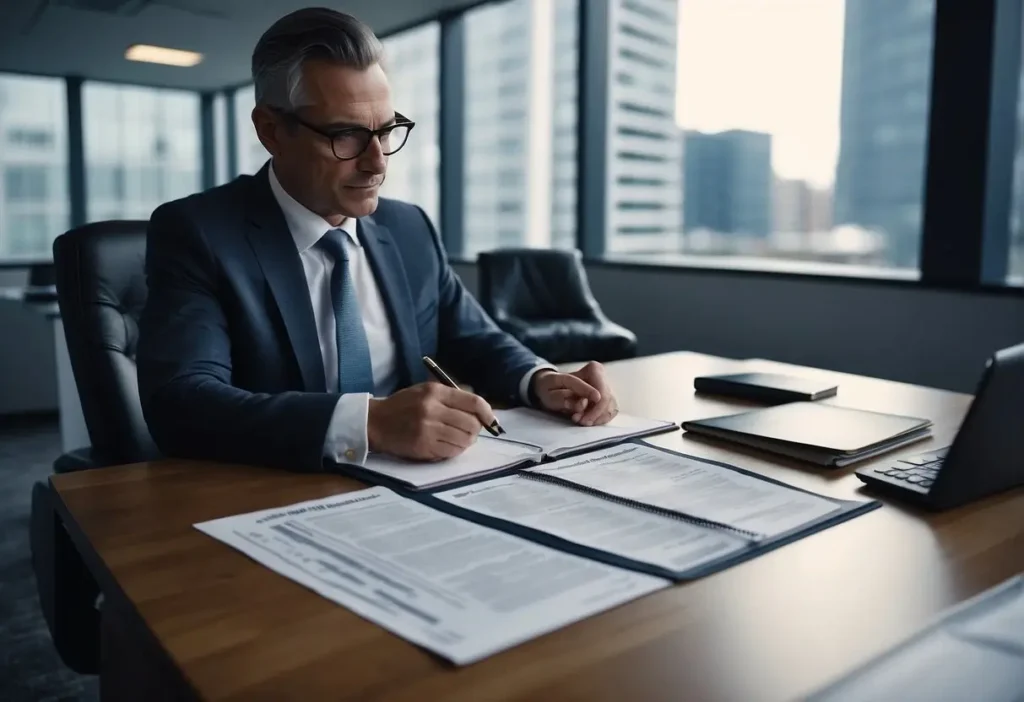 A commercial real estate lawyer reviewing financial documents and contracts in a modern office setting
