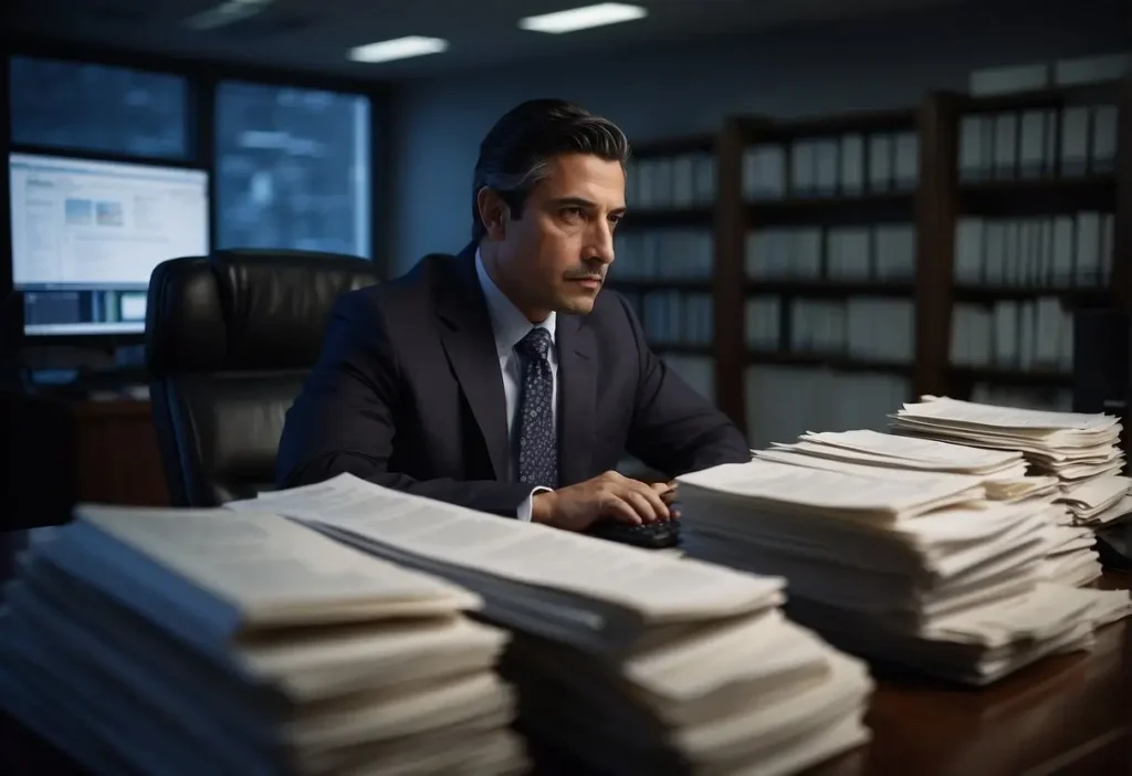 A criminal immigration lawyer stands in a dimly lit office, surrounded by stacks of legal documents and a computer screen displaying a complex immigration case