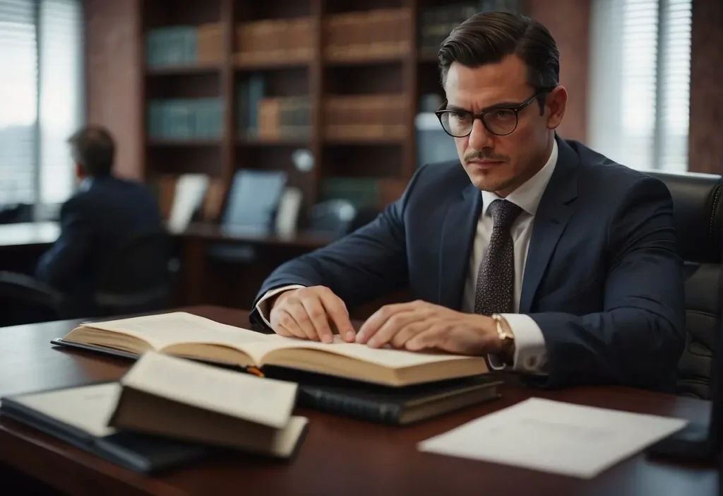 A criminal immigration lawyer studying law books and consulting with clients in a busy office