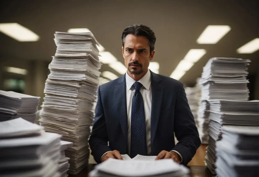 A criminal immigration lawyer navigating complex cases with stacks of legal documents and a determined expression
