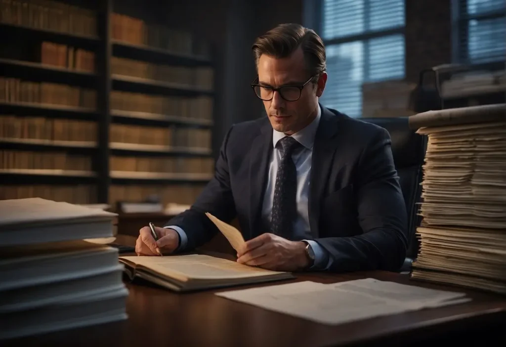 A paternity lawyer reviewing legal documents in a dimly lit office, surrounded by stacks of case files and law books