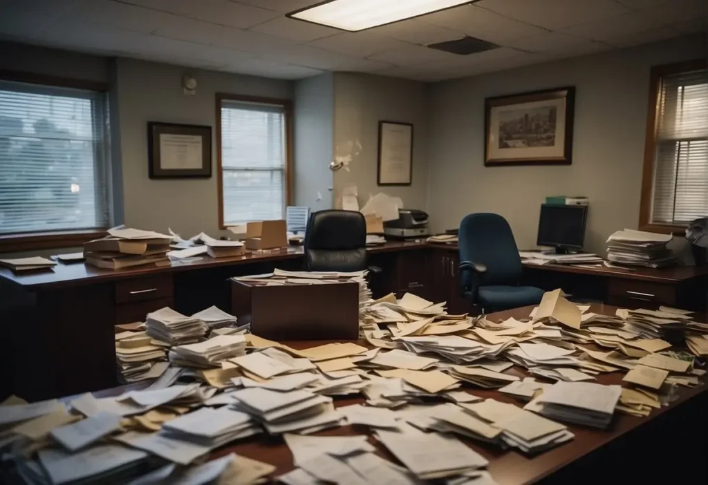 A lawyer's office ransacked, papers scattered, safe cracked open, and a broken window