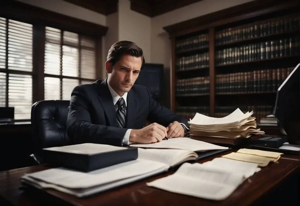 A lawyer studies a burglary case, surrounded by legal documents and a computer, deep in thought