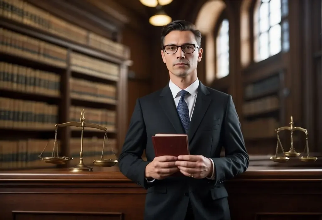 A lawyer confidently stands in a courtroom, surrounded by law books and legal documents. The lawyer is holding a scale of justice and a firearm, symbolizing the defense of gun rights