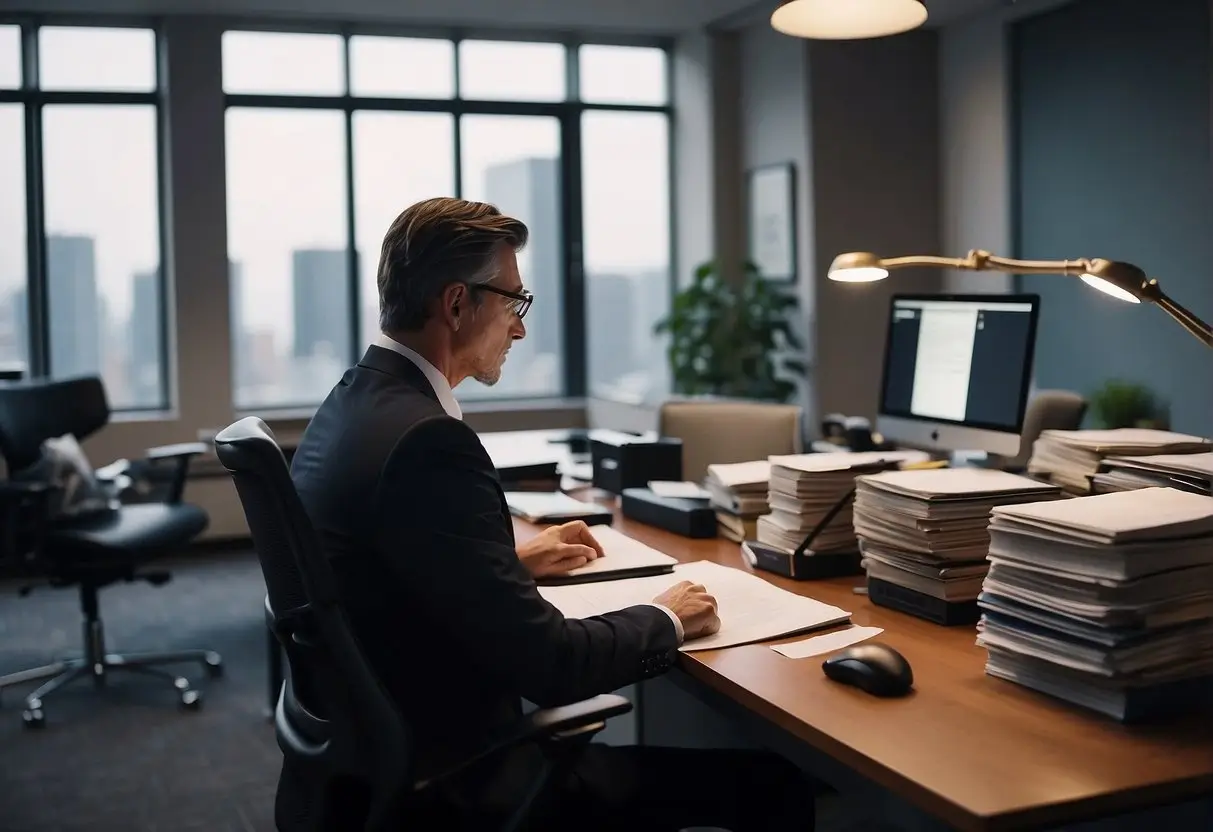 A non-profit lawyer reviewing legal documents at a cluttered desk in a small, dimly lit office