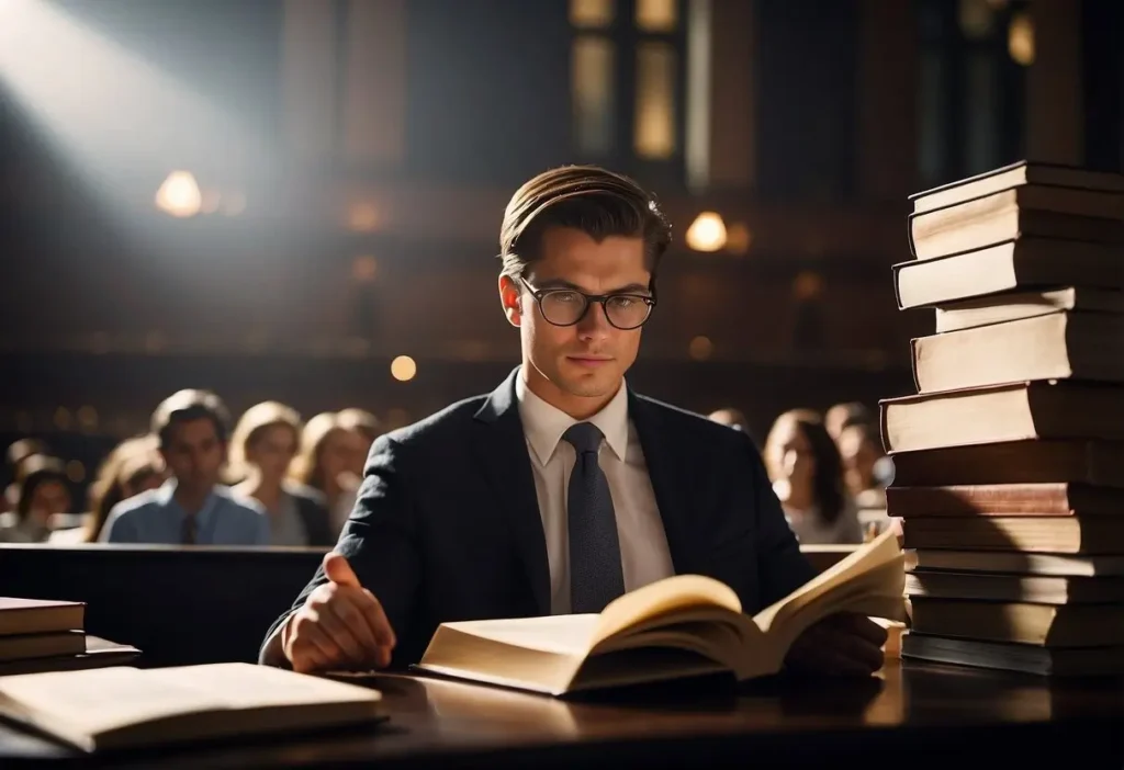 A law school newbie eagerly listens to a lecture, surrounded by towering stacks of legal textbooks and highlighted notes