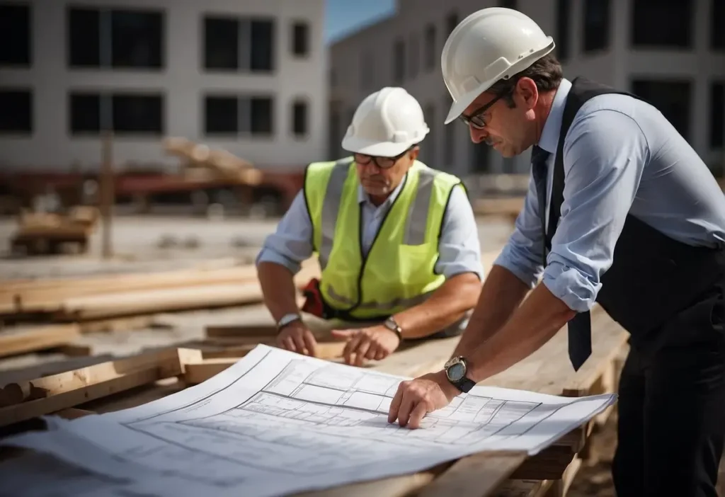 A lawyer reviews blueprints and inspects a building for construction defects