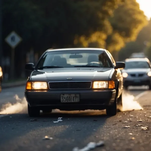 A car speeds away from a collision, leaving behind a damaged vehicle and evidence of the hit and run