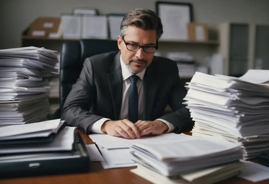 An unemployment lawyer reviewing documents in a cluttered office, with a stack of files and a computer on the desk