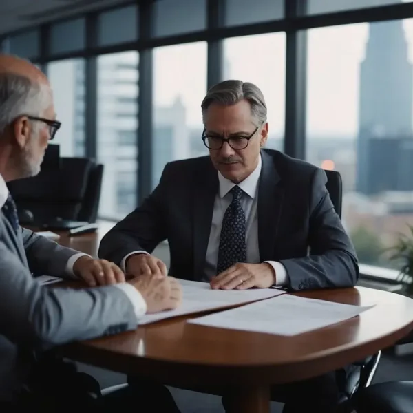 An restraining order lawyer reviewing legal documents and consulting with clients in a professional office setting